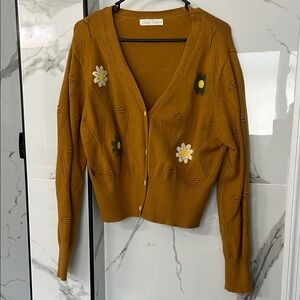 Vintage Mustard Floral Cardigan Sweater with V-Neck